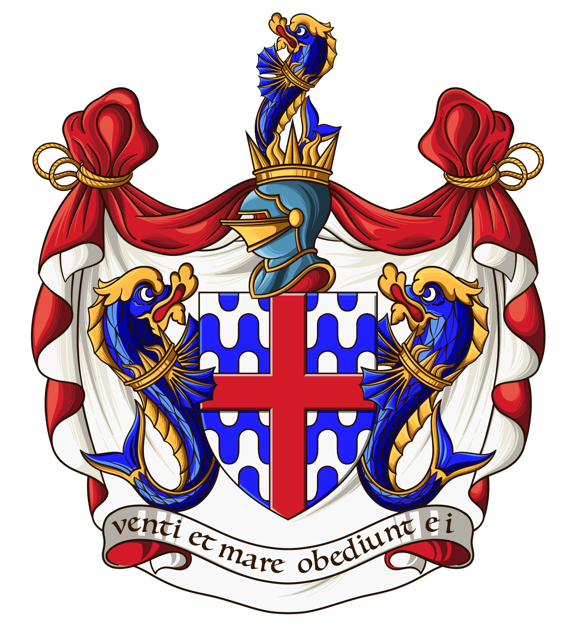 Armorial achievement of the Chancery of Arms: vair, a cross gules, supported by two dolphins, with the motto Venti et mare obediunt ei.